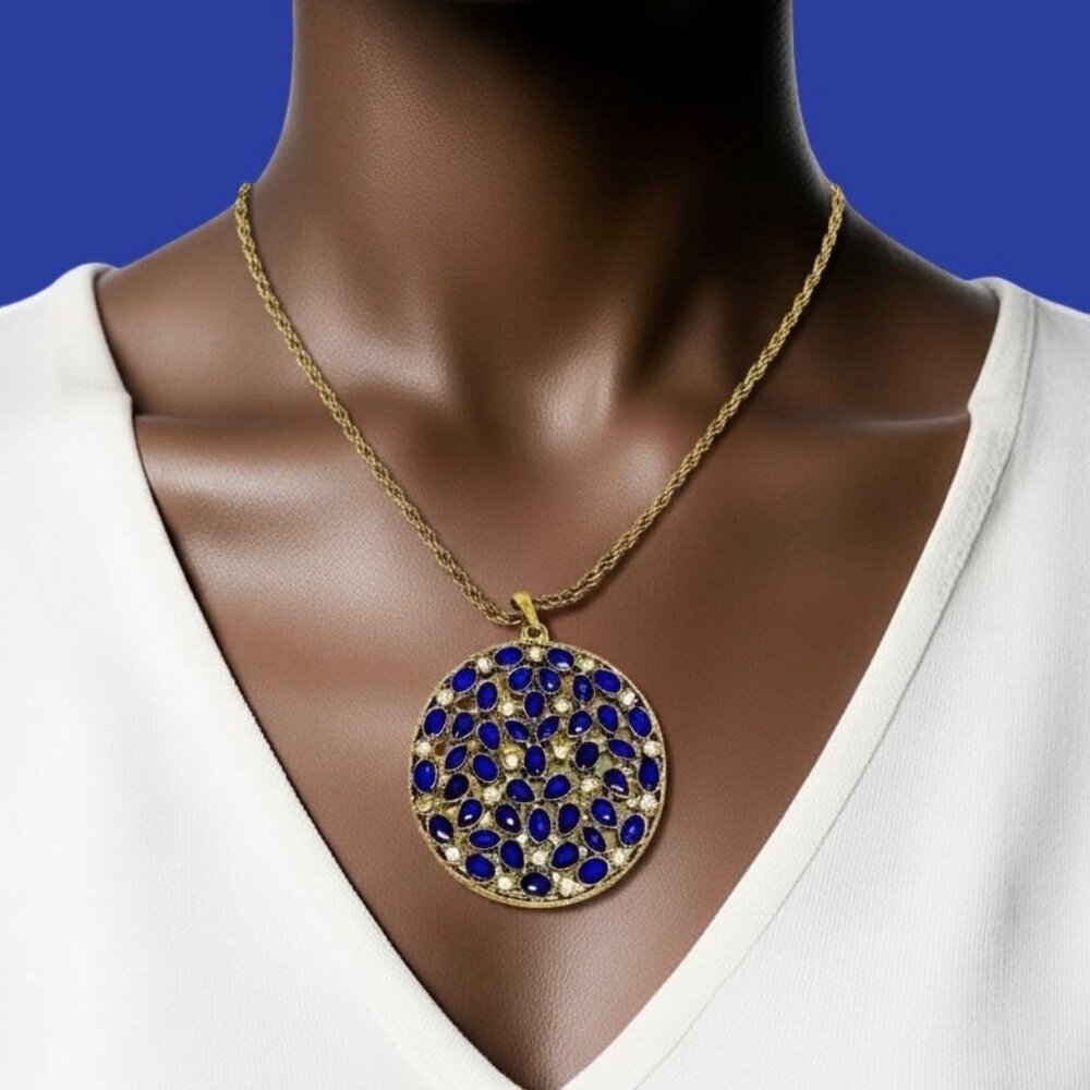 Vintage Statement Pendant Necklace Gold Round Rhinestones Boho Whimsigoth Glam 30$
